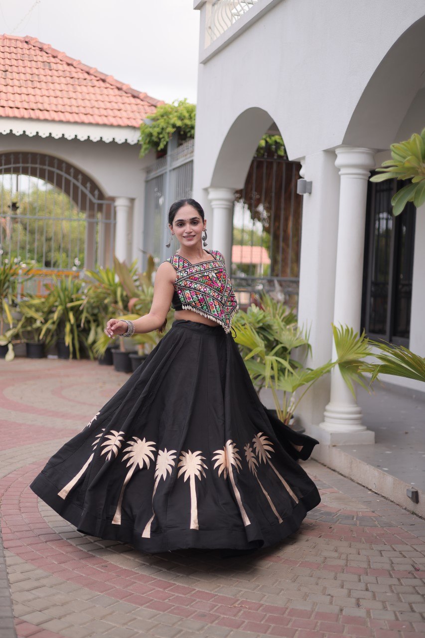 Navratri Roman Silk Lehenga Choli with Kutchi Gamthi Embroidery
