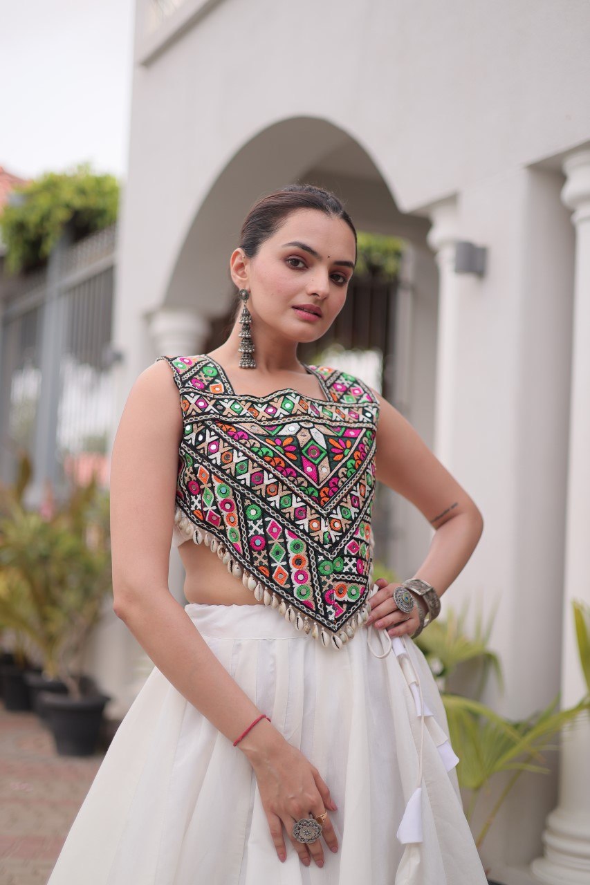 Navratri Roman Silk Lehenga Choli with Kutchi Gamthi Embroidery