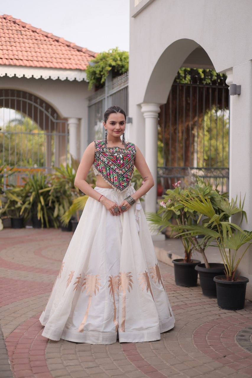 Navratri Roman Silk Lehenga Choli with Kutchi Gamthi Embroidery