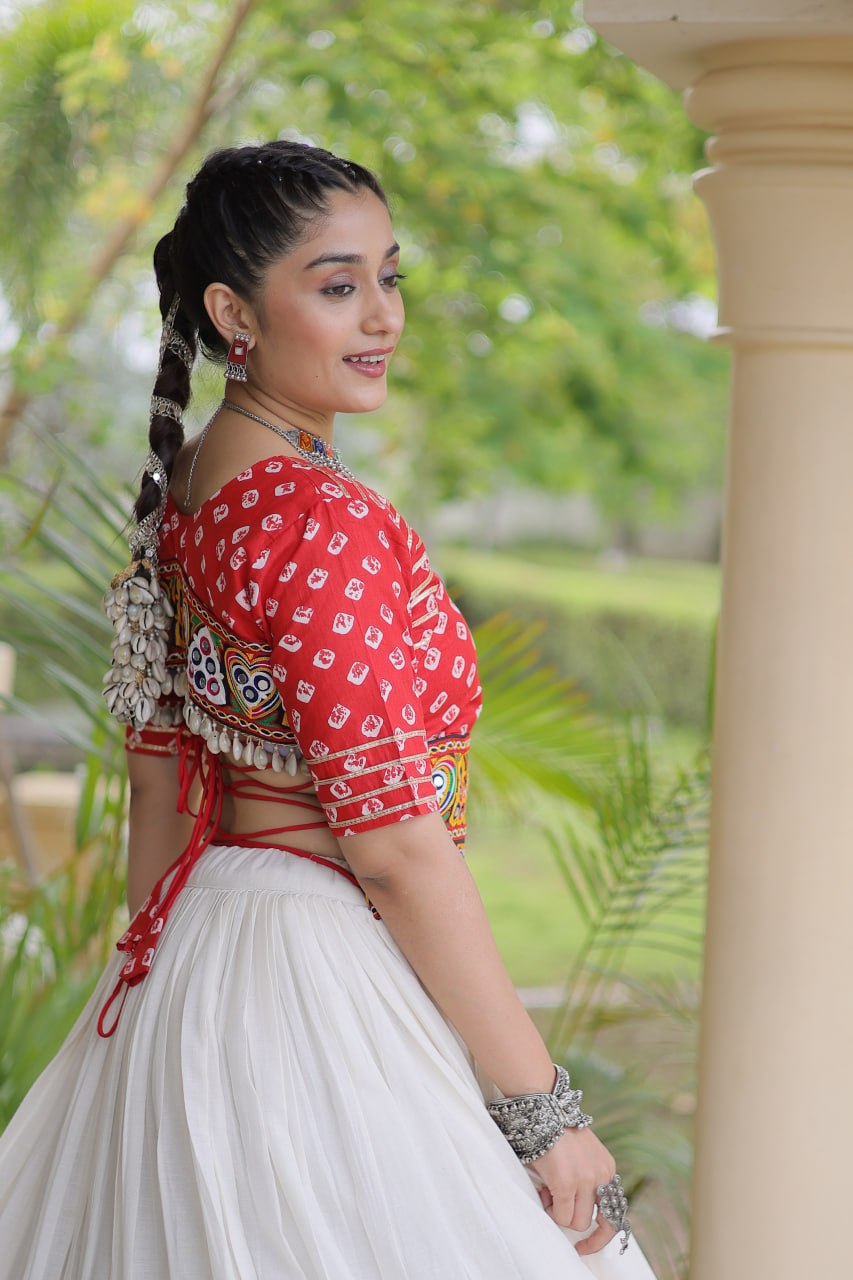 Navratri Special Cora Cotton Lehenga Choli with Bandhej Print Blouse