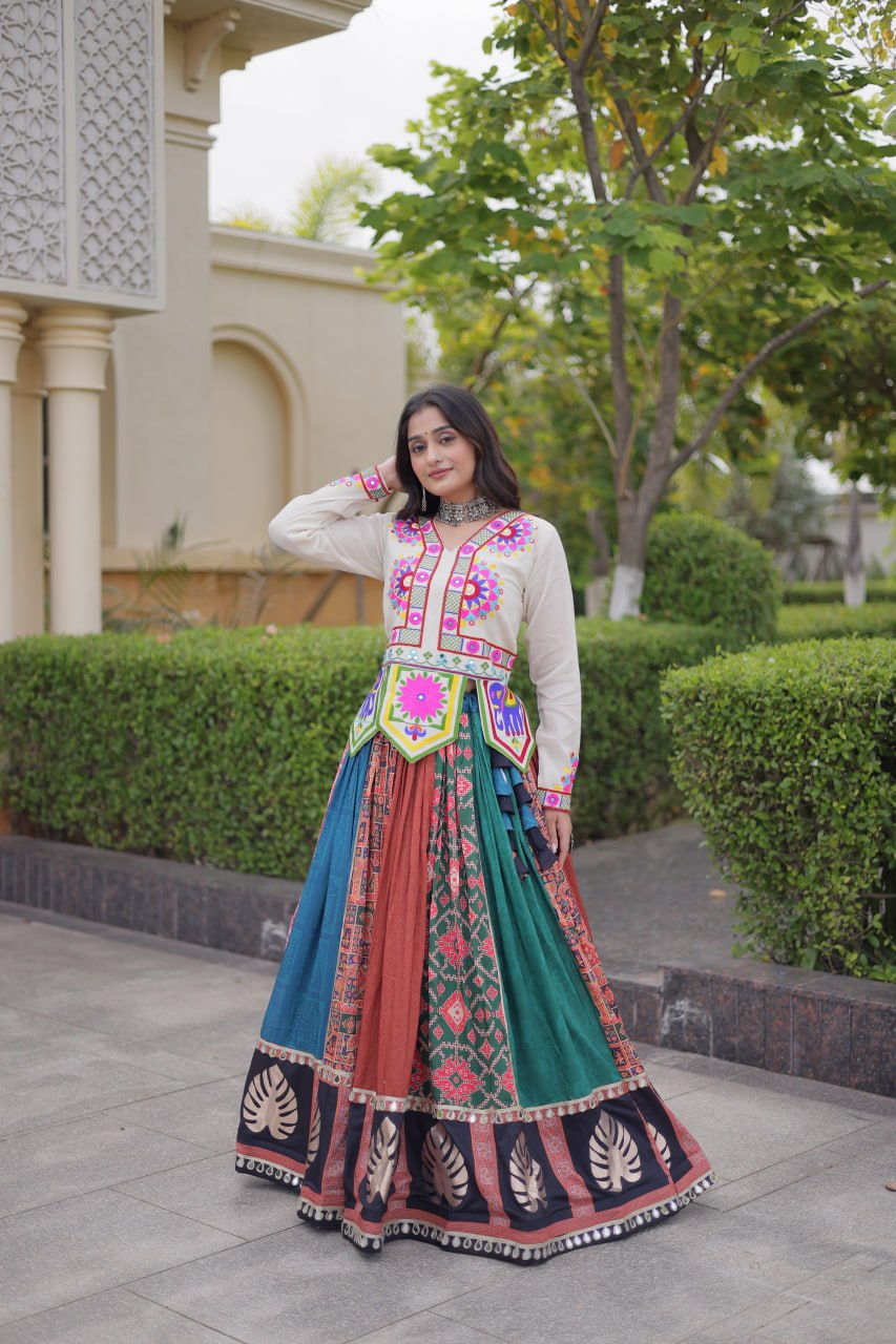 Navratri Special Cotton Printed Lehenga Choli with Kutchi Gamthi Embroidery