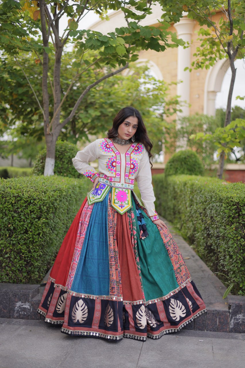 Navratri Special Cotton Printed Lehenga Choli with Kutchi Gamthi Embroidery
