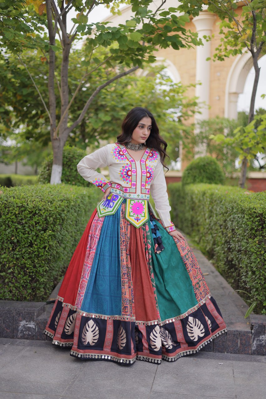 Navratri Special Cotton Printed Lehenga Choli with Kutchi Gamthi Embroidery