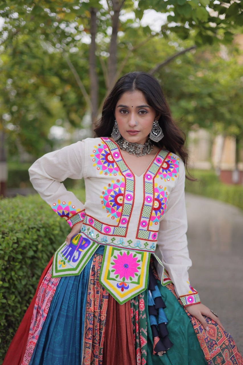Navratri Special Cotton Printed Lehenga Choli with Kutchi Gamthi Embroidery