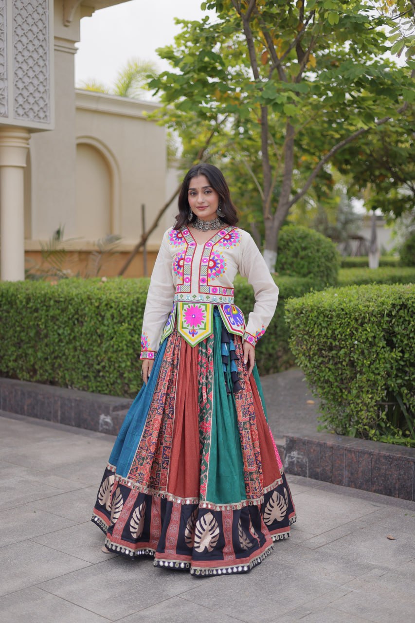 Navratri Special Cotton Printed Lehenga Choli with Kutchi Gamthi Embroidery