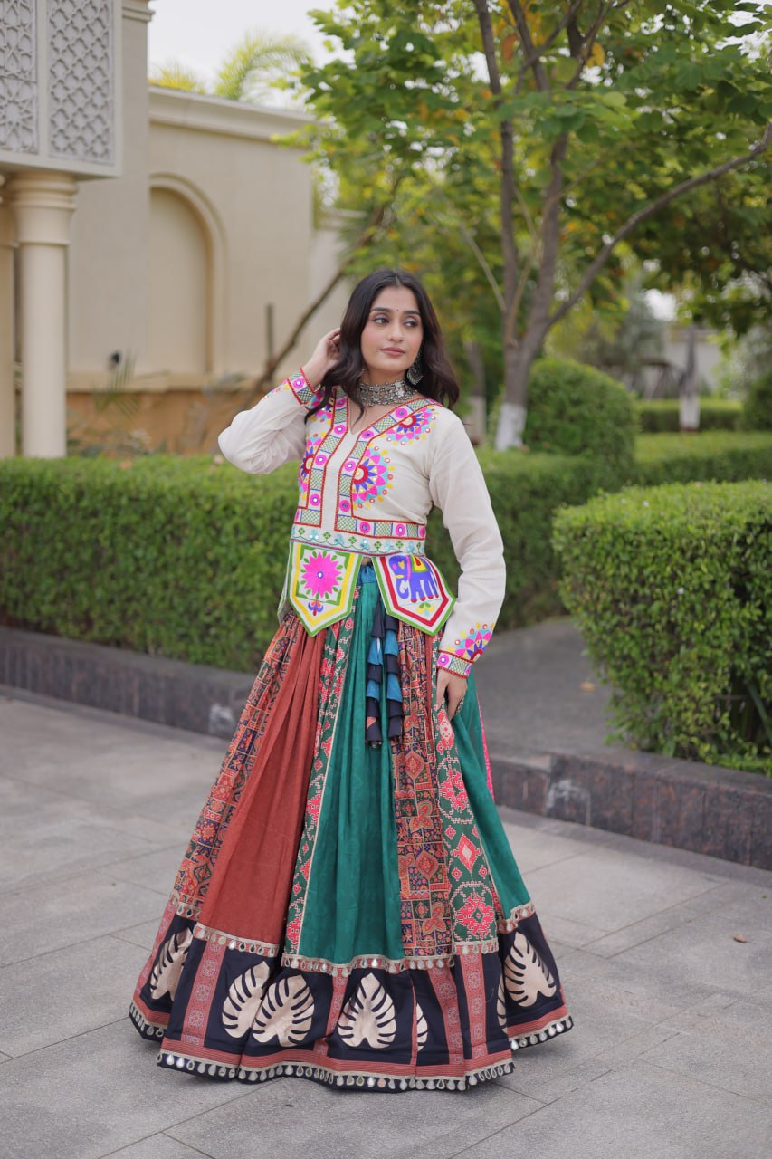 Navratri Special Cotton Printed Lehenga Choli with Kutchi Gamthi Embroidery