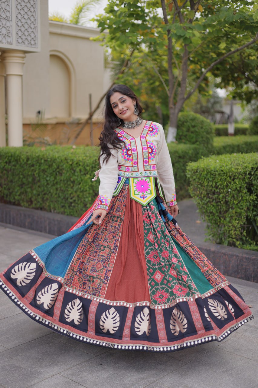 Navratri Special Cotton Printed Lehenga Choli with Kutchi Gamthi Embroidery