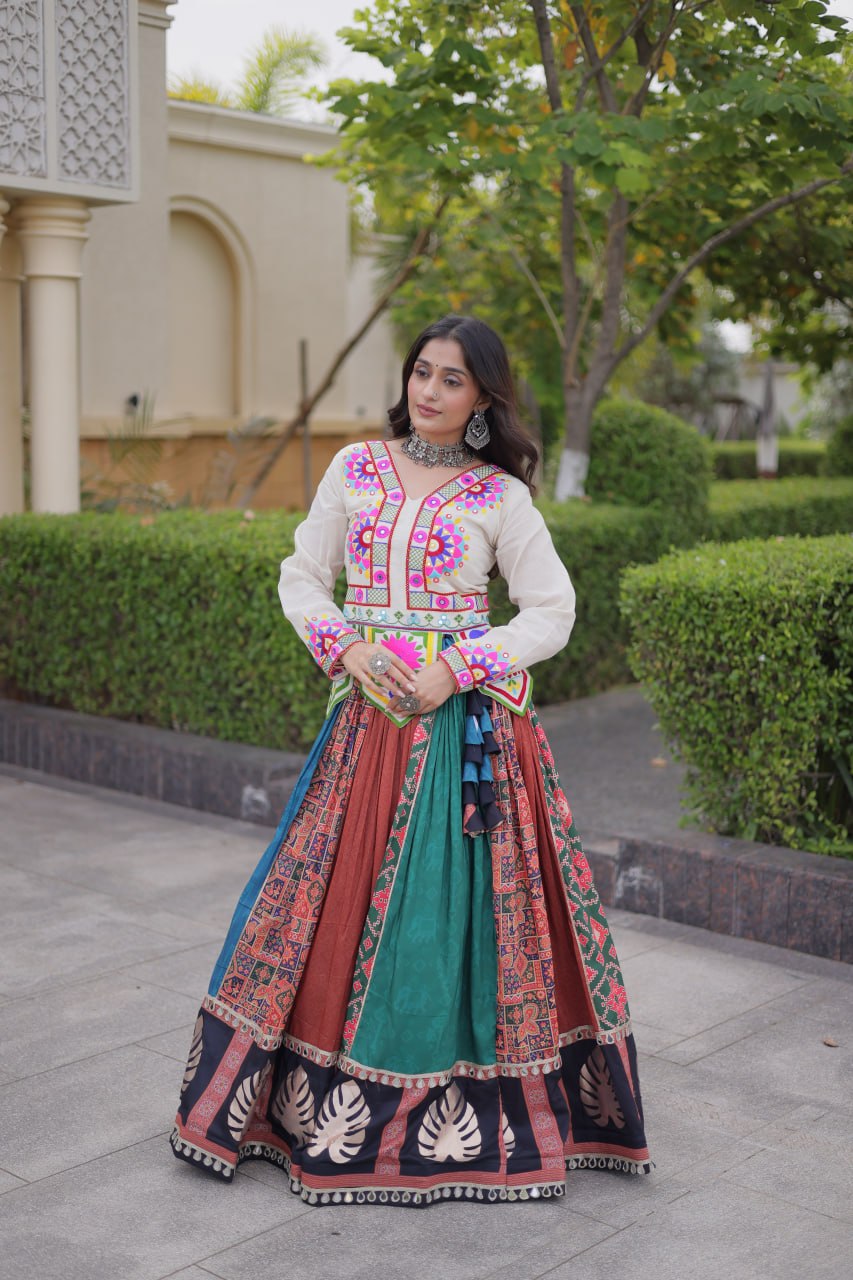 Navratri Special Cotton Printed Lehenga Choli with Kutchi Gamthi Embroidery