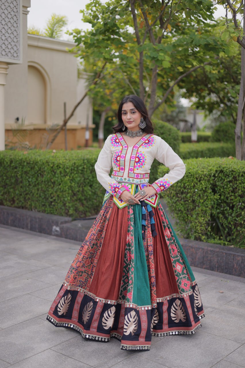 Navratri Special Cotton Printed Lehenga Choli with Kutchi Gamthi Embroidery
