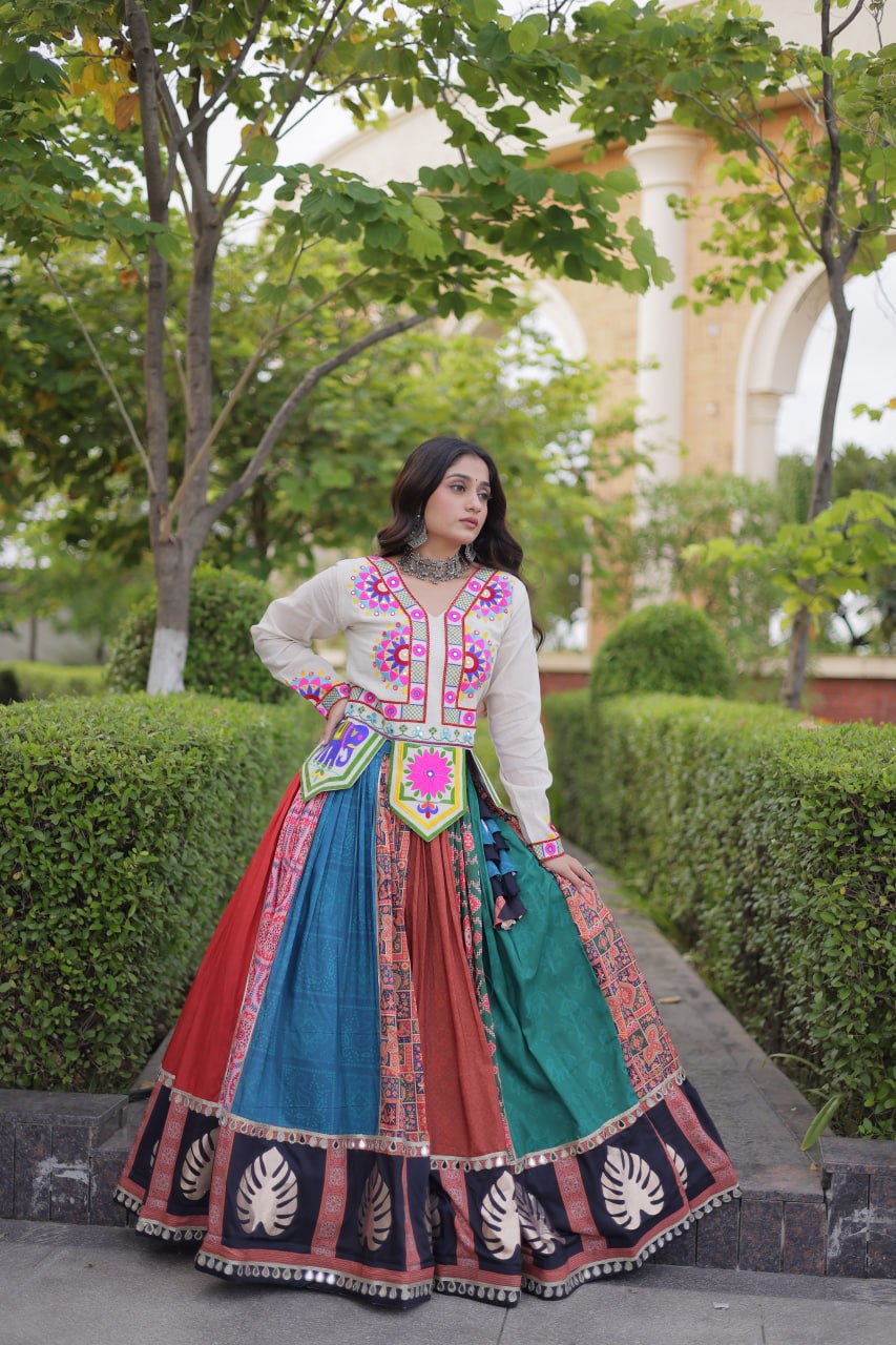 Navratri Special Cotton Printed Lehenga Choli with Kutchi Gamthi Embroidery