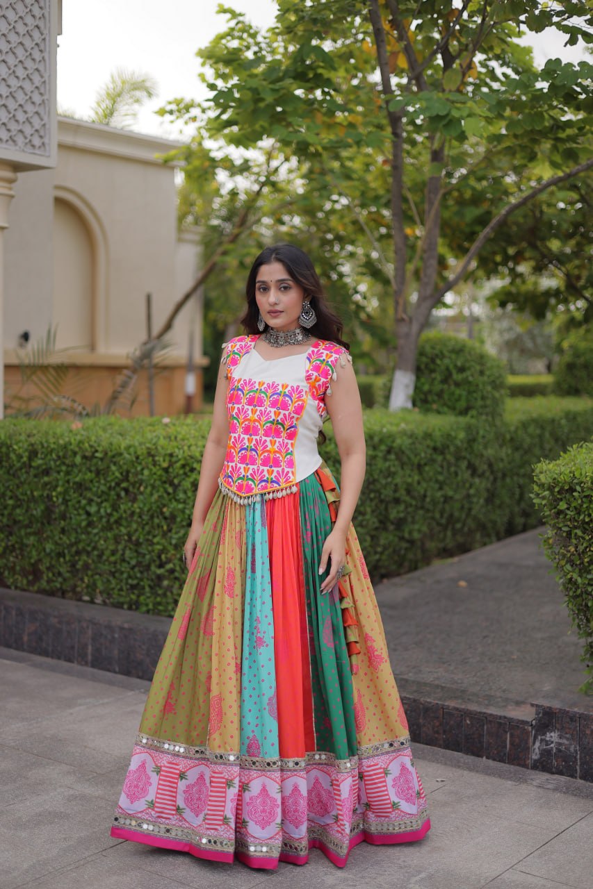 Navratri Special Cotton Printed Lehenga Choli with Mirror and Kutchi Gamthi Embroidery