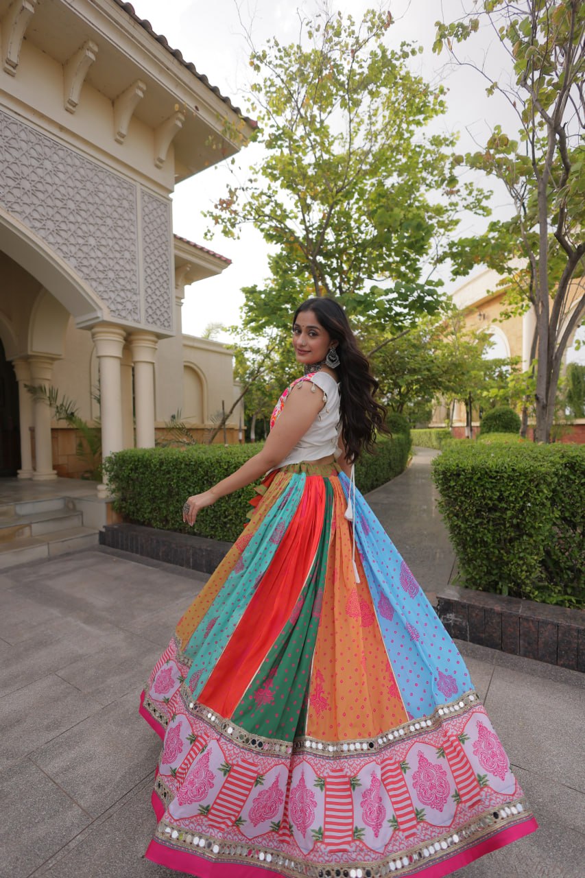Navratri Special Cotton Printed Lehenga Choli with Mirror and Kutchi Gamthi Embroidery