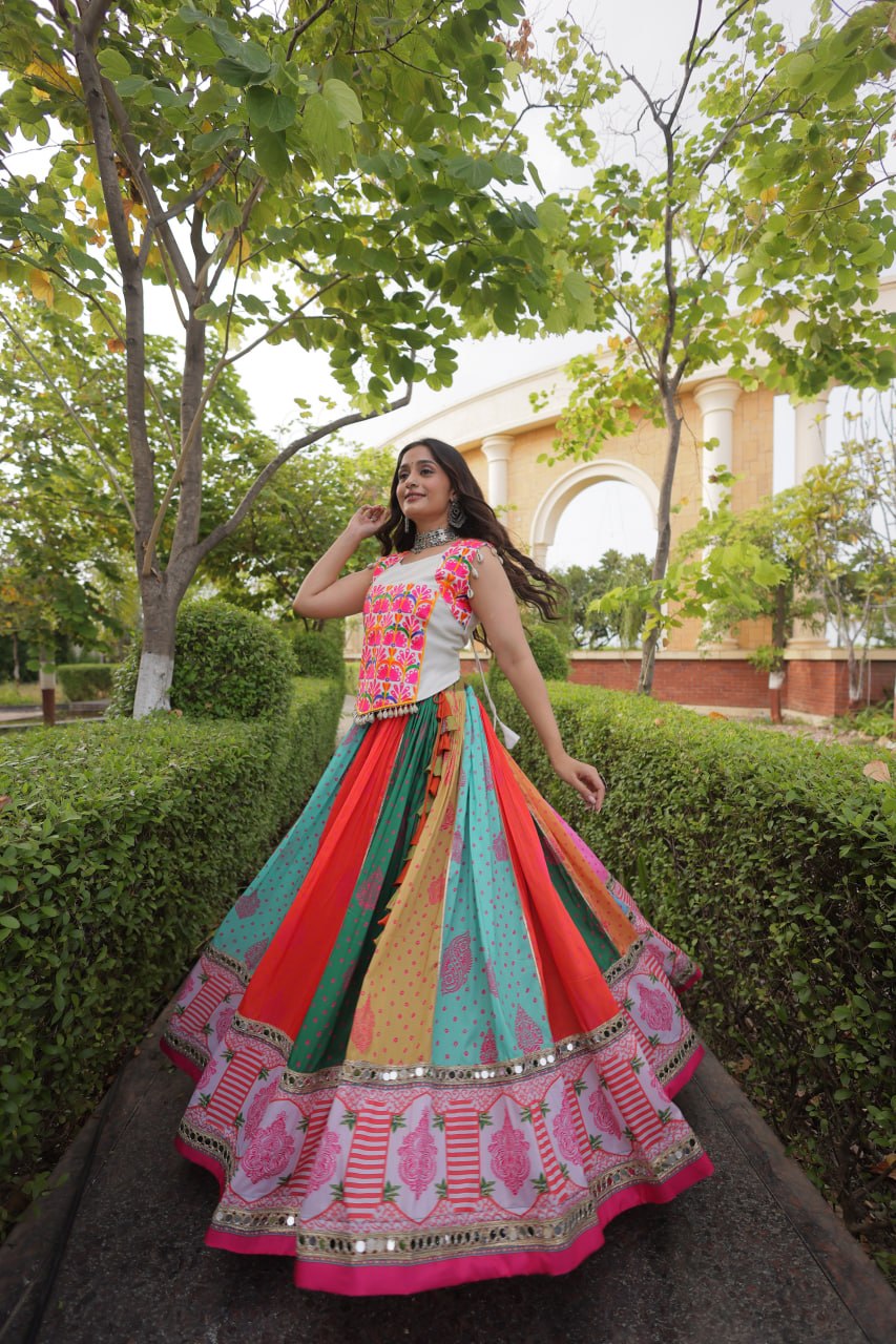 Navratri Special Cotton Printed Lehenga Choli with Mirror and Kutchi Gamthi Embroidery