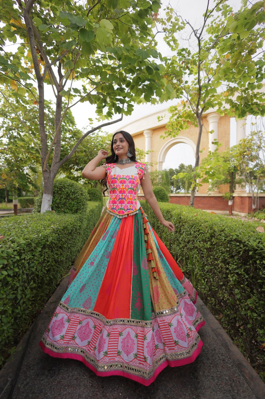 Navratri Special Cotton Printed Lehenga Choli with Mirror and Kutchi Gamthi Embroidery