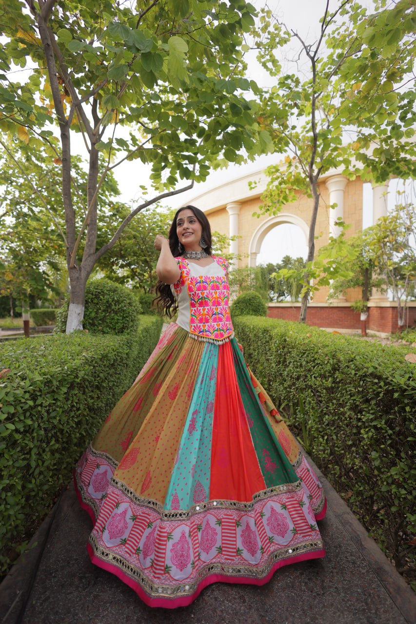 Navratri Special Cotton Printed Lehenga Choli with Mirror and Kutchi Gamthi Embroidery