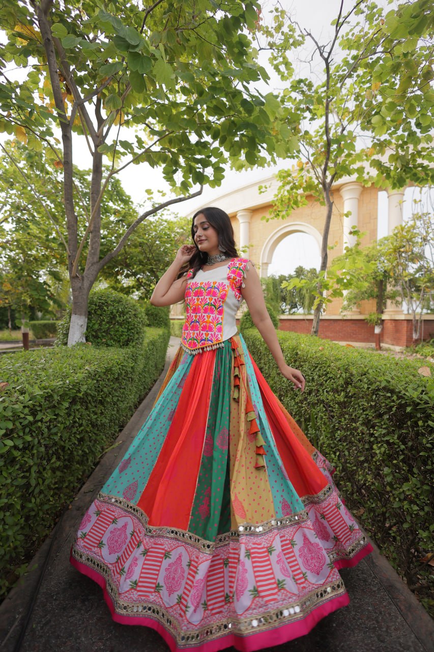 Navratri Special Cotton Printed Lehenga Choli with Mirror and Kutchi Gamthi Embroidery
