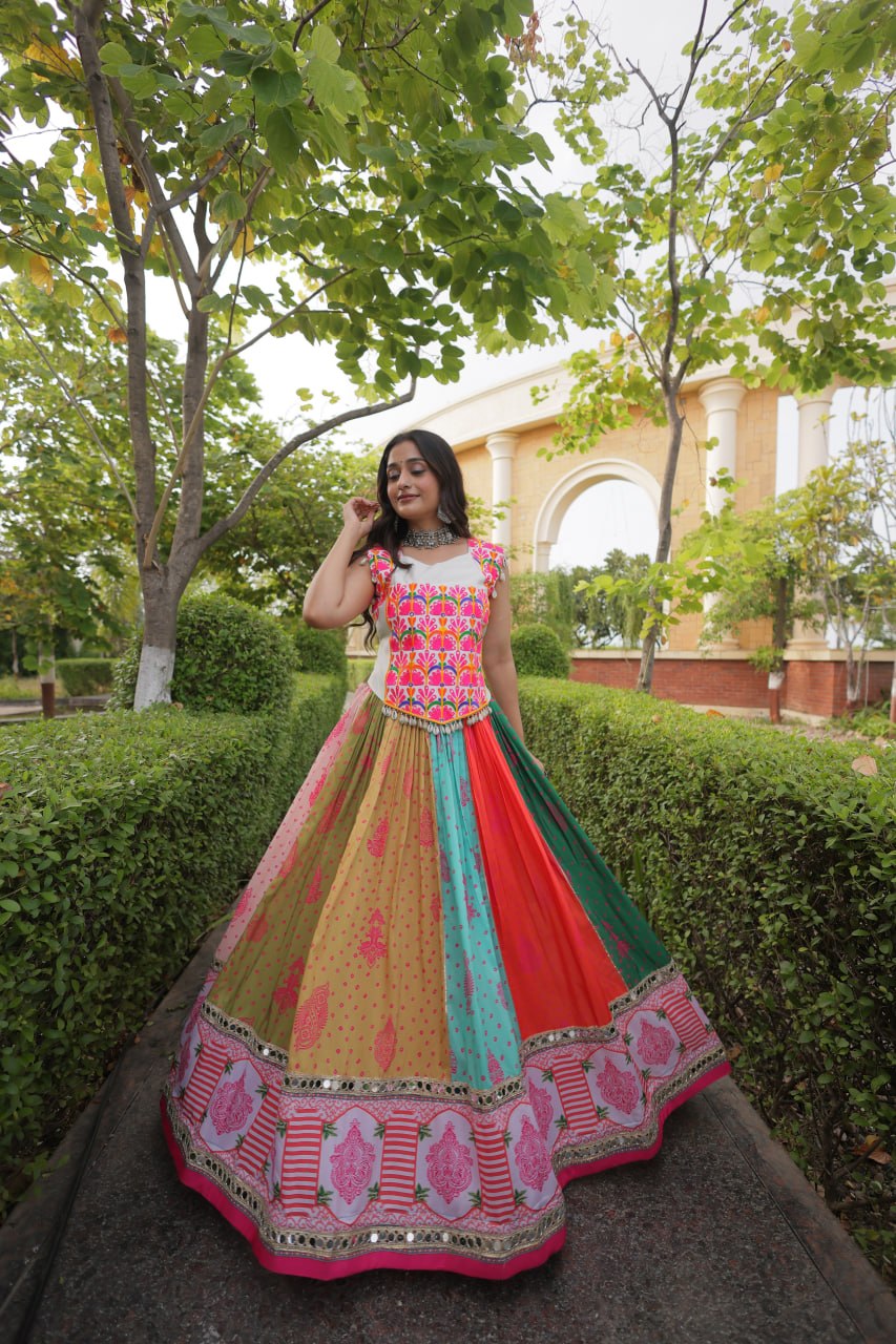 Navratri Special Cotton Printed Lehenga Choli with Mirror and Kutchi Gamthi Embroidery