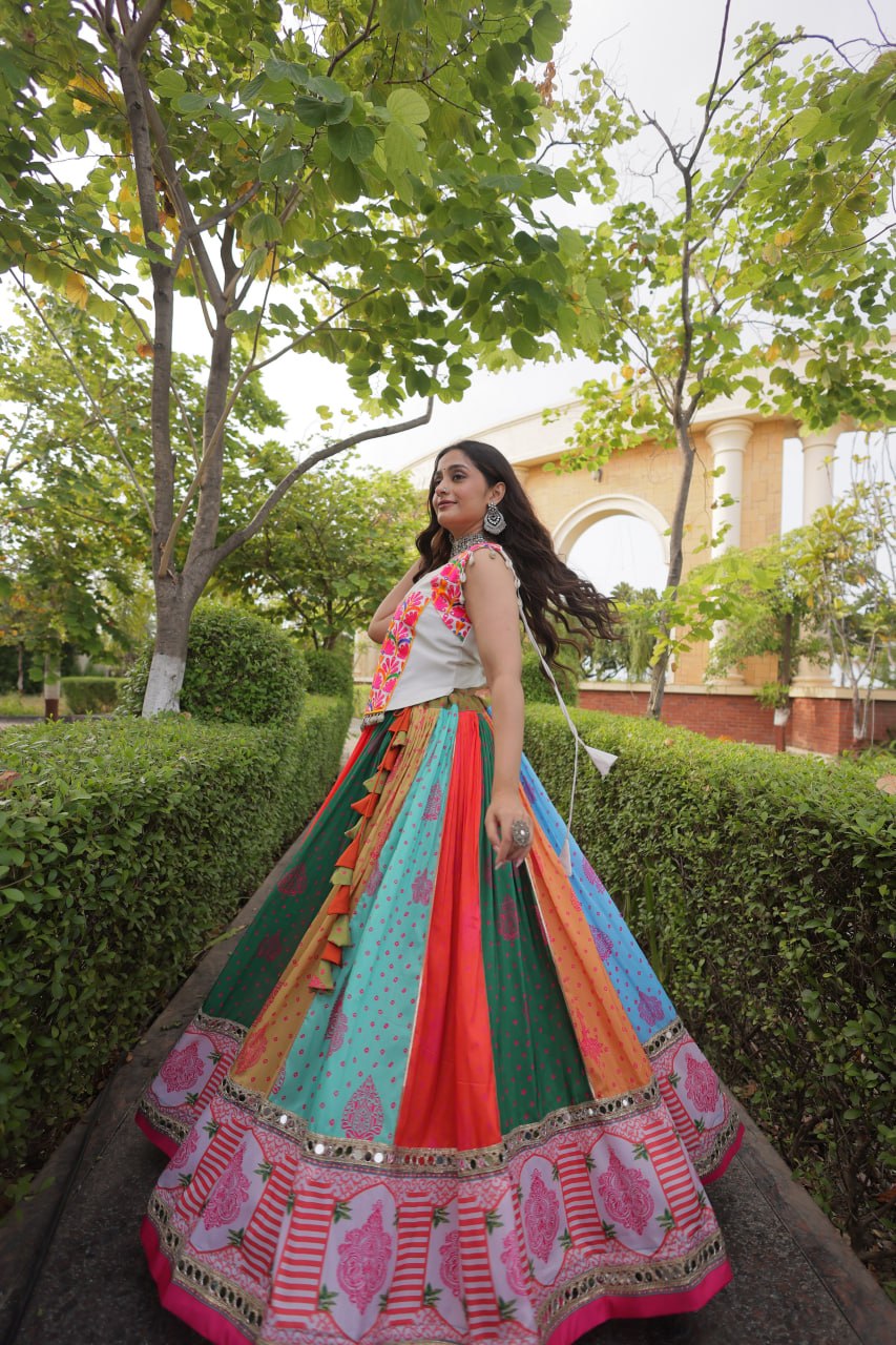 Navratri Special Cotton Printed Lehenga Choli with Mirror and Kutchi Gamthi Embroidery