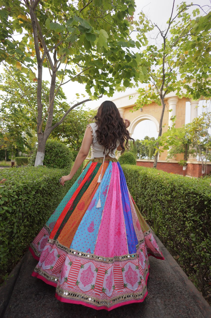 Navratri Special Cotton Printed Lehenga Choli with Mirror and Kutchi Gamthi Embroidery