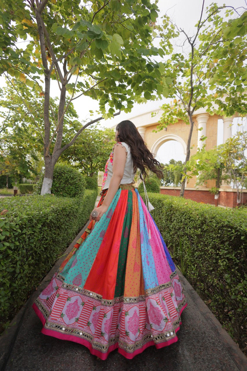 Navratri Special Cotton Printed Lehenga Choli with Mirror and Kutchi Gamthi Embroidery