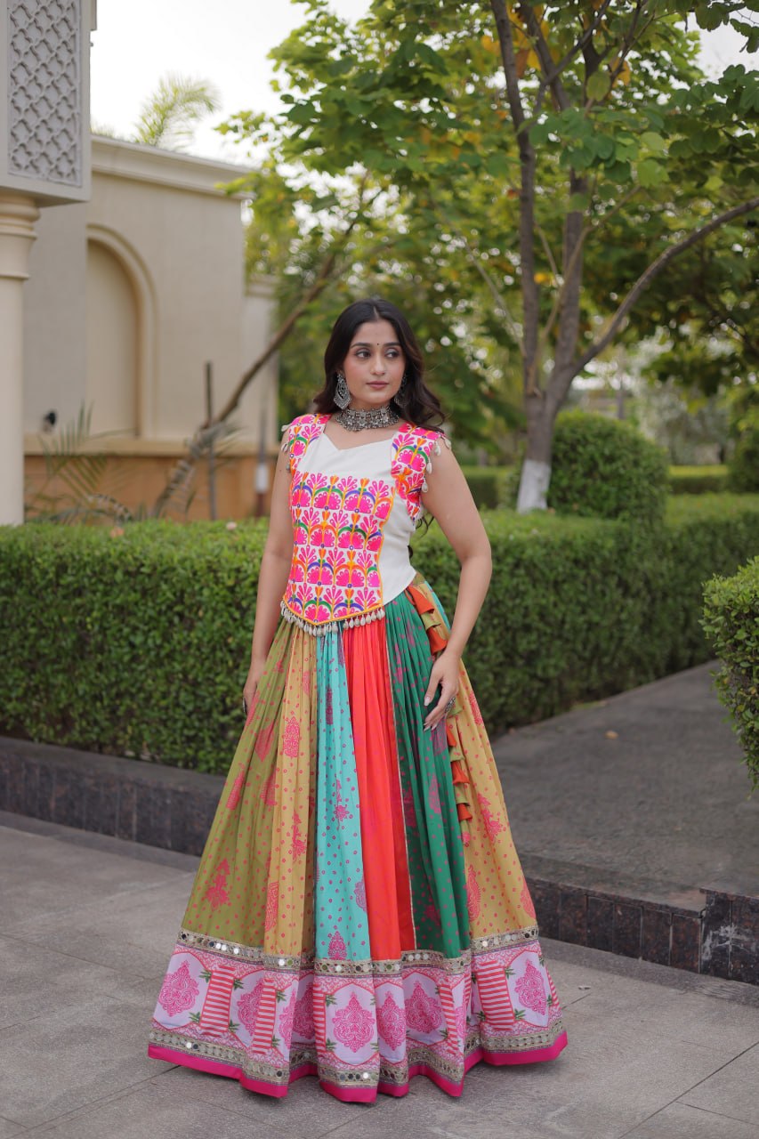 Navratri Special Cotton Printed Lehenga Choli with Mirror and Kutchi Gamthi Embroidery