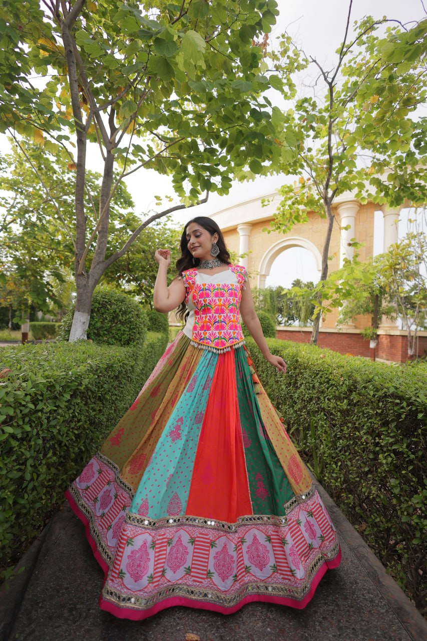Navratri Special Cotton Printed Lehenga Choli with Mirror and Kutchi Gamthi Embroidery