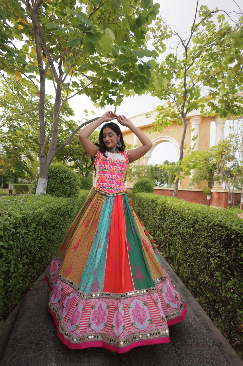 Navratri Special Cotton Printed Lehenga Choli with Mirror and Kutchi Gamthi Embroidery