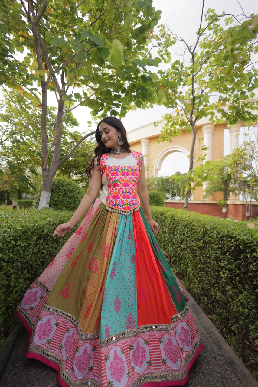 Navratri Special Cotton Printed Lehenga Choli with Mirror and Kutchi Gamthi Embroidery