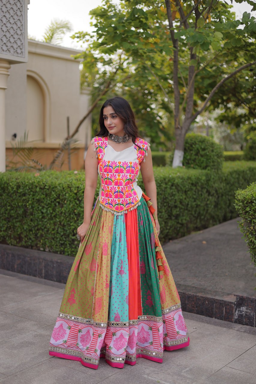 Navratri Special Cotton Printed Lehenga Choli with Mirror and Kutchi Gamthi Embroidery