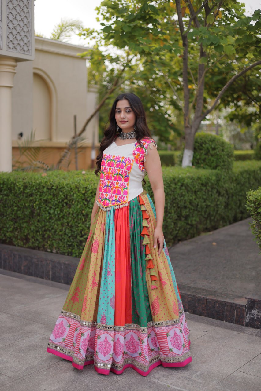 Navratri Special Cotton Printed Lehenga Choli with Mirror and Kutchi Gamthi Embroidery