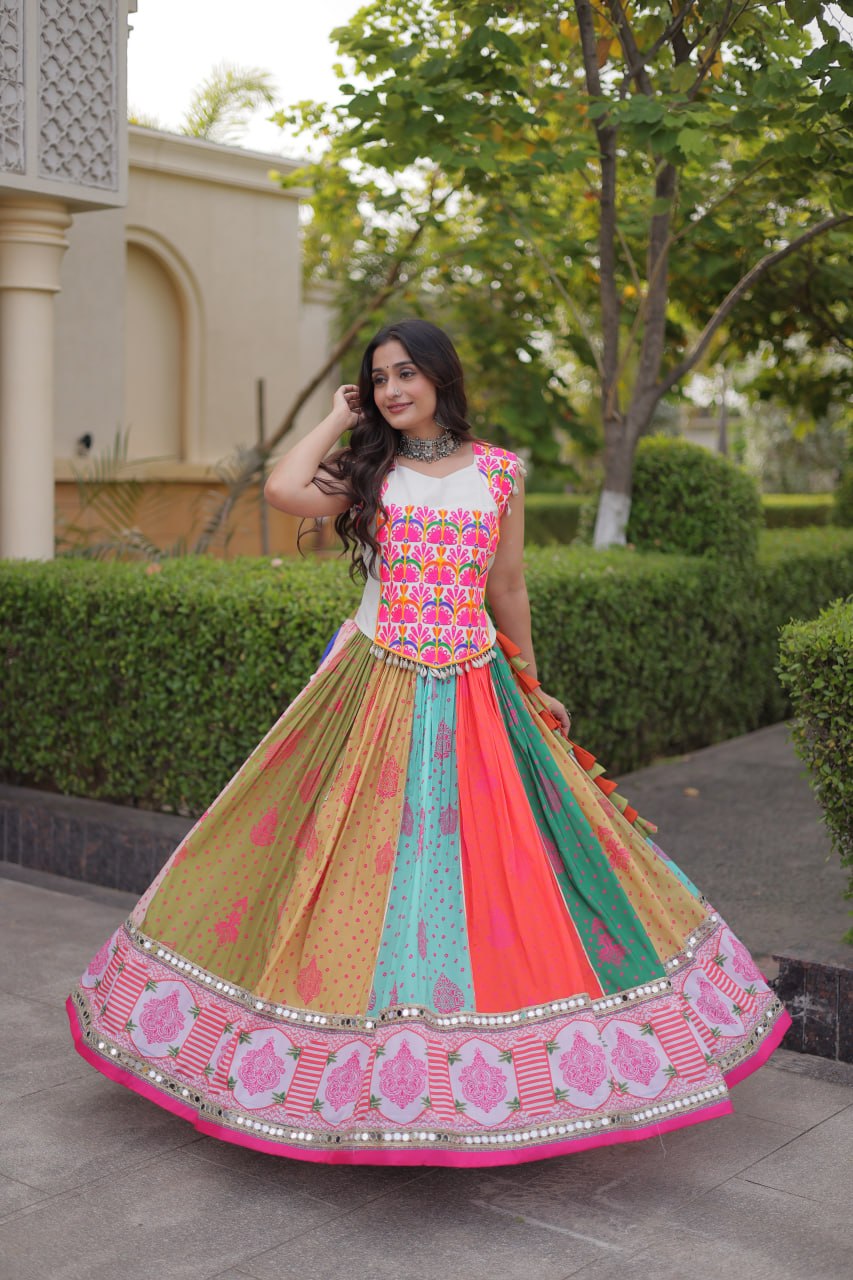 Navratri Special Cotton Printed Lehenga Choli with Mirror and Kutchi Gamthi Embroidery