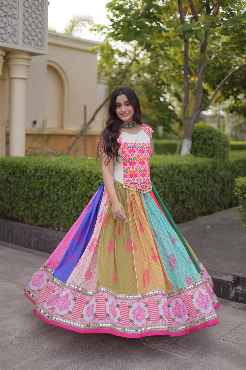 Navratri Special Cotton Printed Lehenga Choli with Mirror and Kutchi Gamthi Embroidery