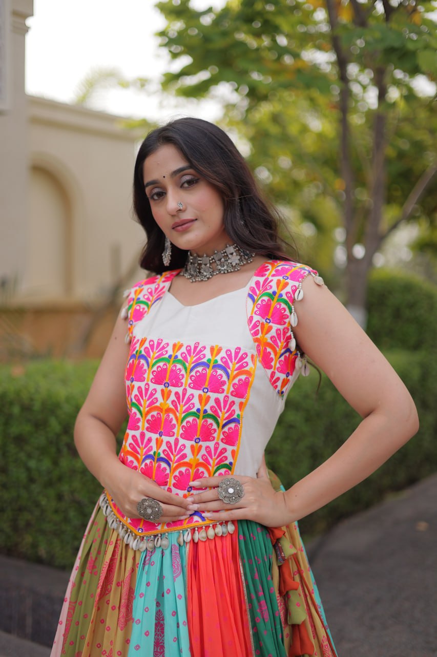 Navratri Special Cotton Printed Lehenga Choli with Mirror and Kutchi Gamthi Embroidery