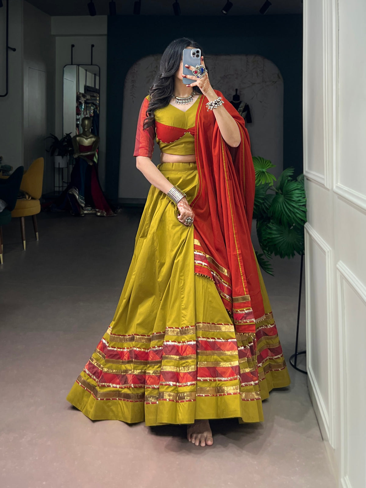 Navratri Special Dhabu Cotton Lehenga Choli with Ghughri Lace Work