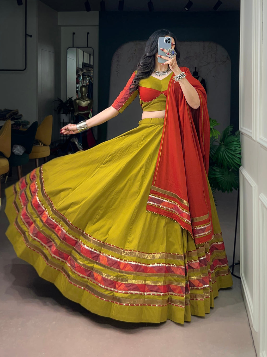 Navratri Special Dhabu Cotton Lehenga Choli with Ghughri Lace Work