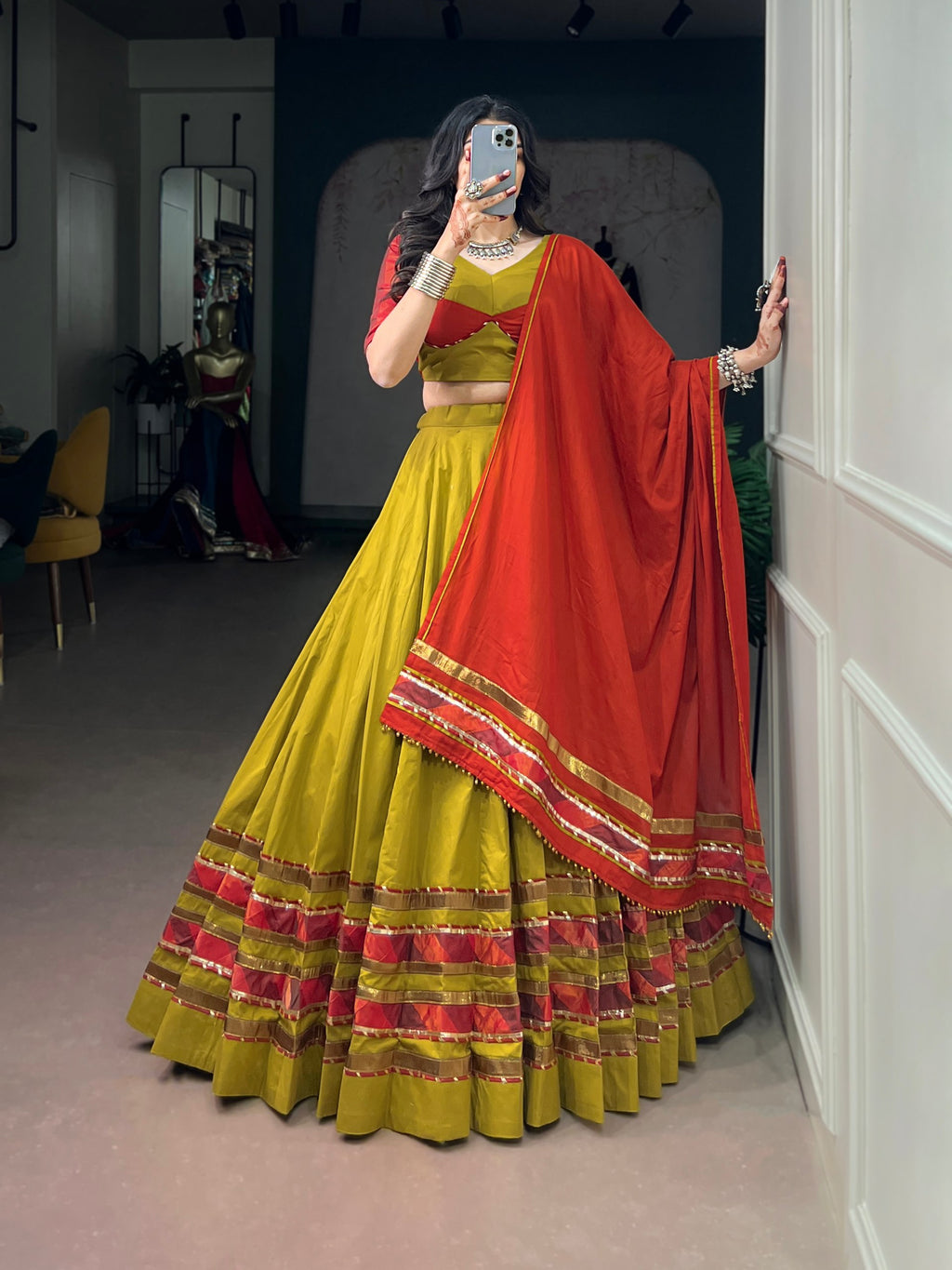 Navratri Special Dhabu Cotton Lehenga Choli with Ghughri Lace Work