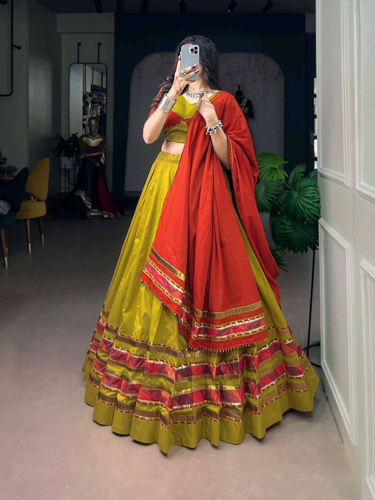 Navratri Special Dhabu Cotton Lehenga Choli with Ghughri Lace Work