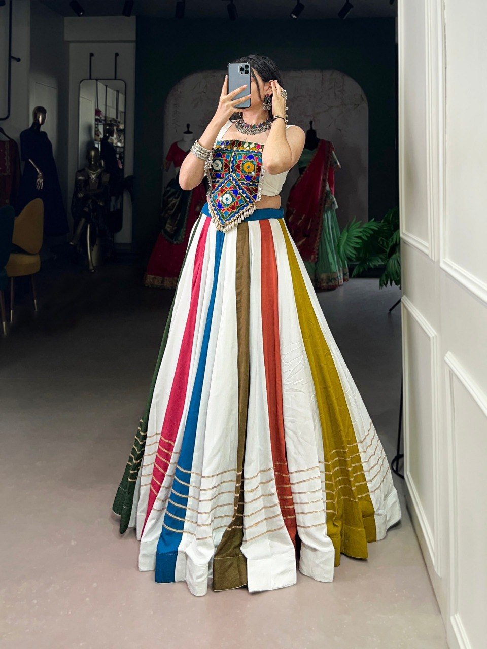 Navratri Special Mirror Work Rayon Lehenga Choli