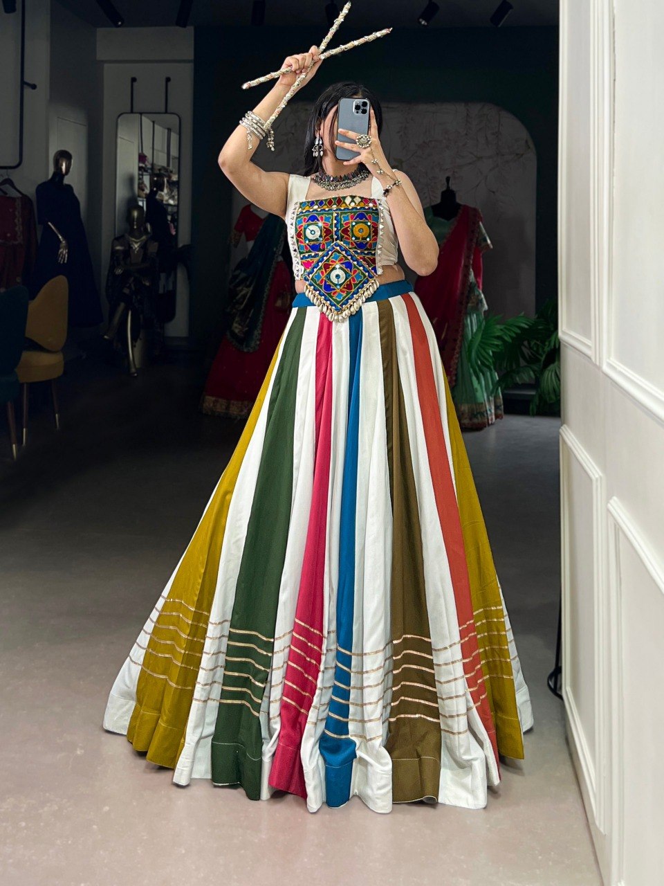 Navratri Special Mirror Work Rayon Lehenga Choli