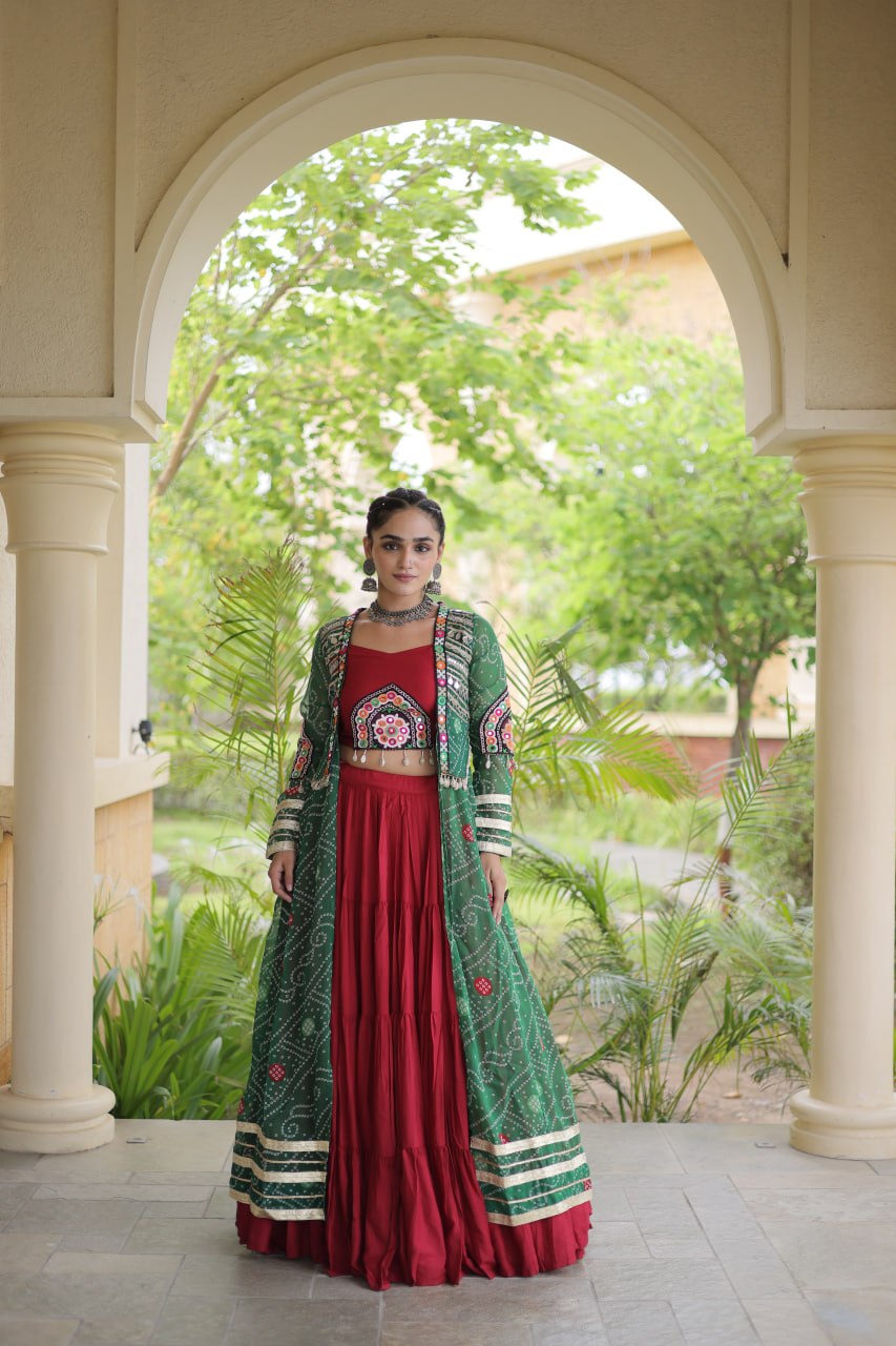 Navratri Special Rayon Lehenga Choli with Bandhani Shrug