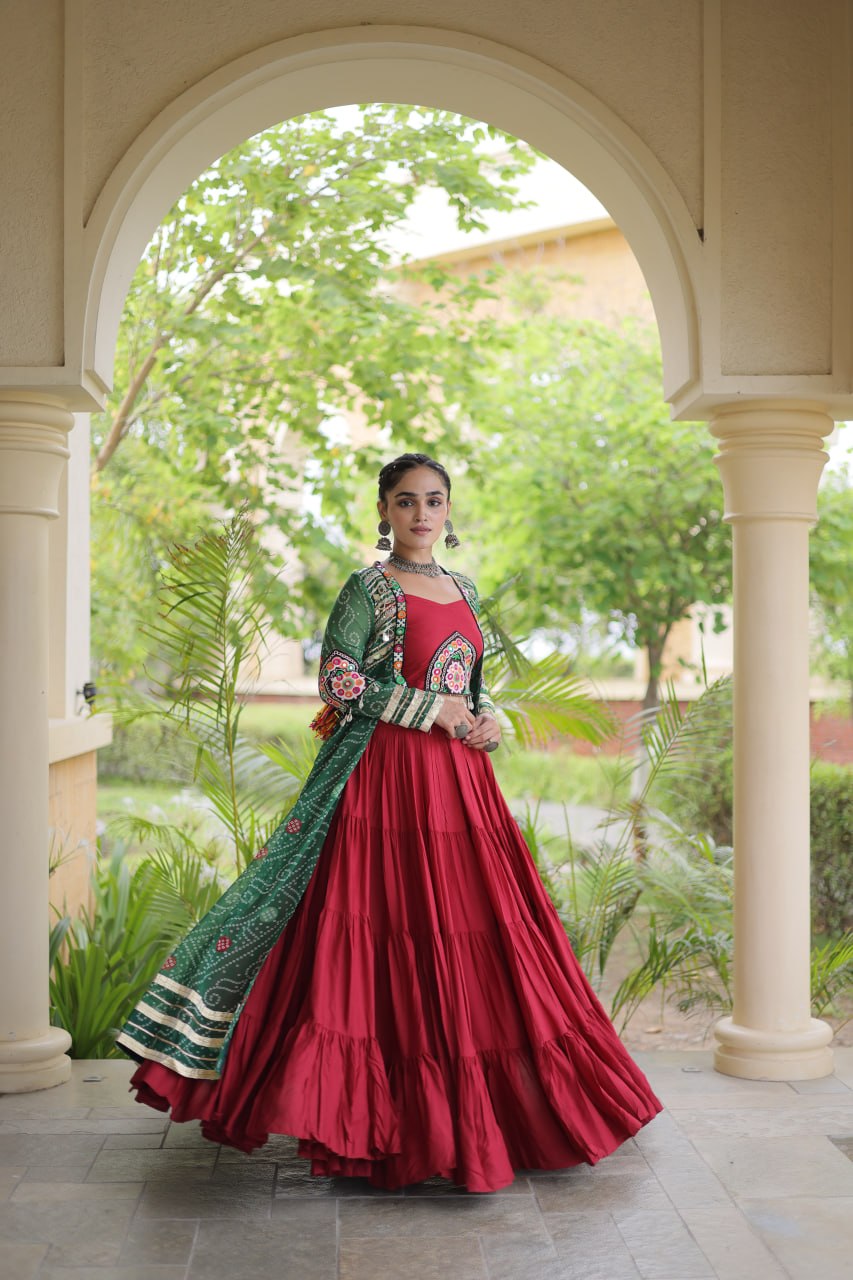 Navratri Special Rayon Lehenga Choli with Bandhani Shrug