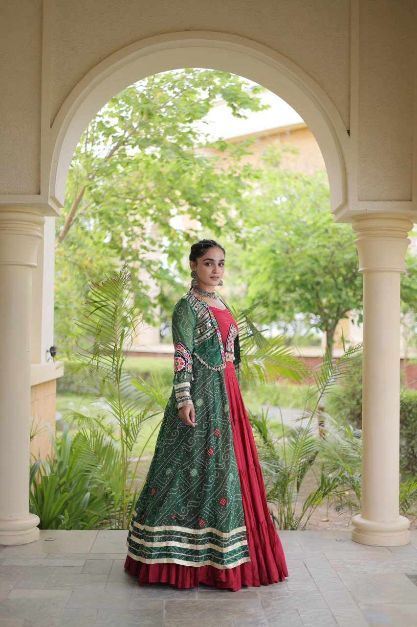 Navratri Special Rayon Lehenga Choli with Bandhani Shrug