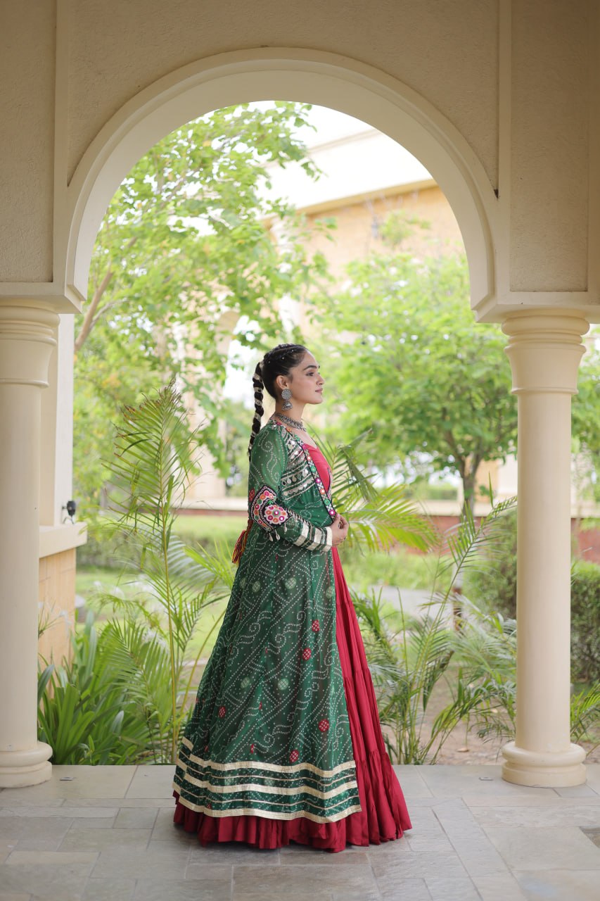 Navratri Special Rayon Lehenga Choli with Bandhani Shrug