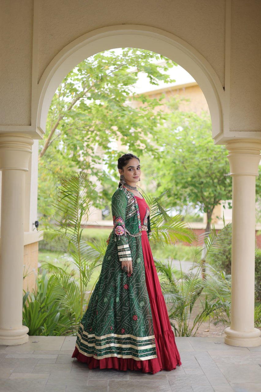 Navratri Special Rayon Lehenga Choli with Bandhani Shrug