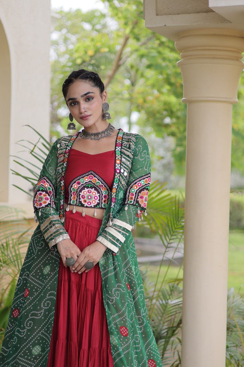Navratri Special Rayon Lehenga Choli with Bandhani Shrug