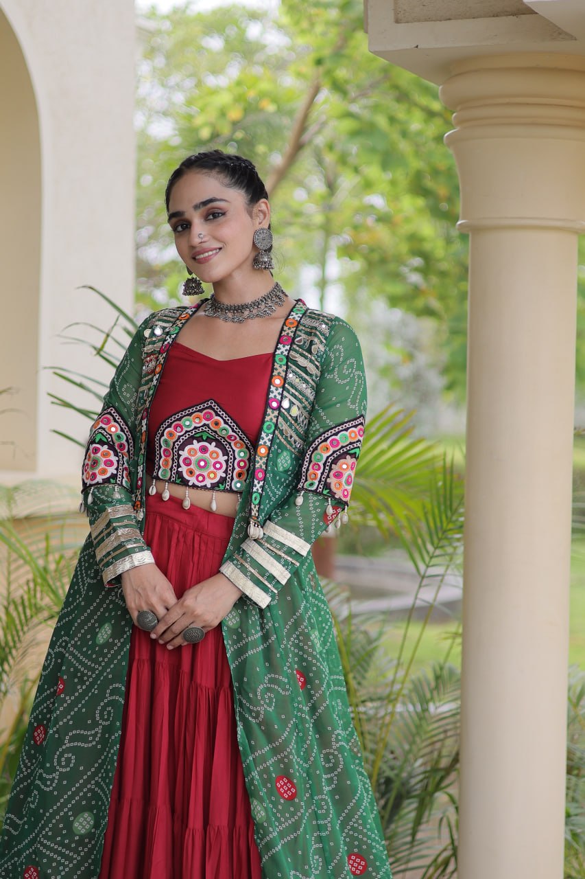 Navratri Special Rayon Lehenga Choli with Bandhani Shrug
