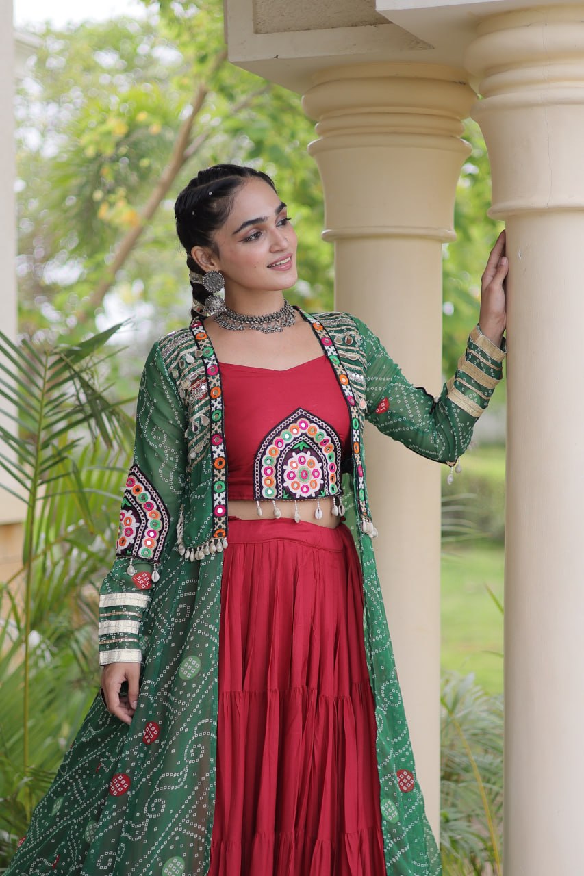 Navratri Special Rayon Lehenga Choli with Bandhani Shrug