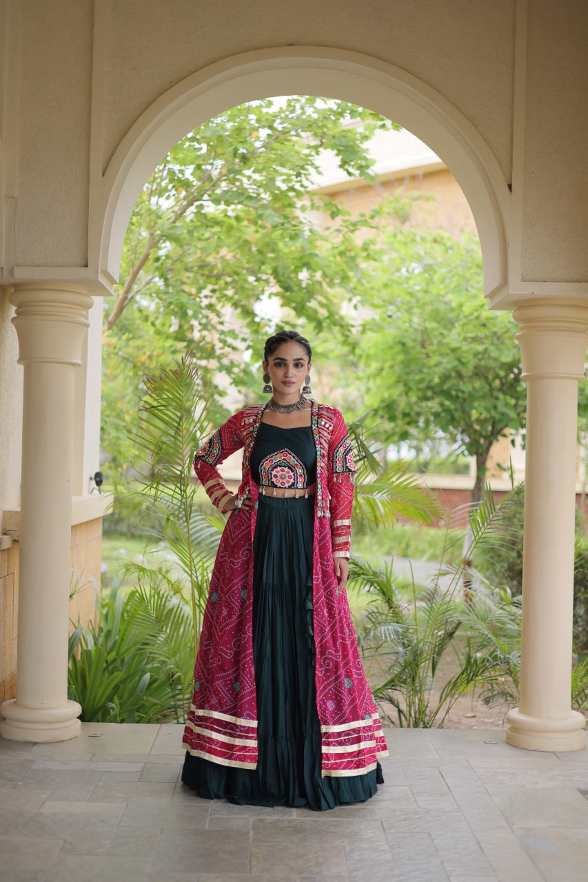 Navratri Special Rayon Lehenga Choli with Bandhani Shrug