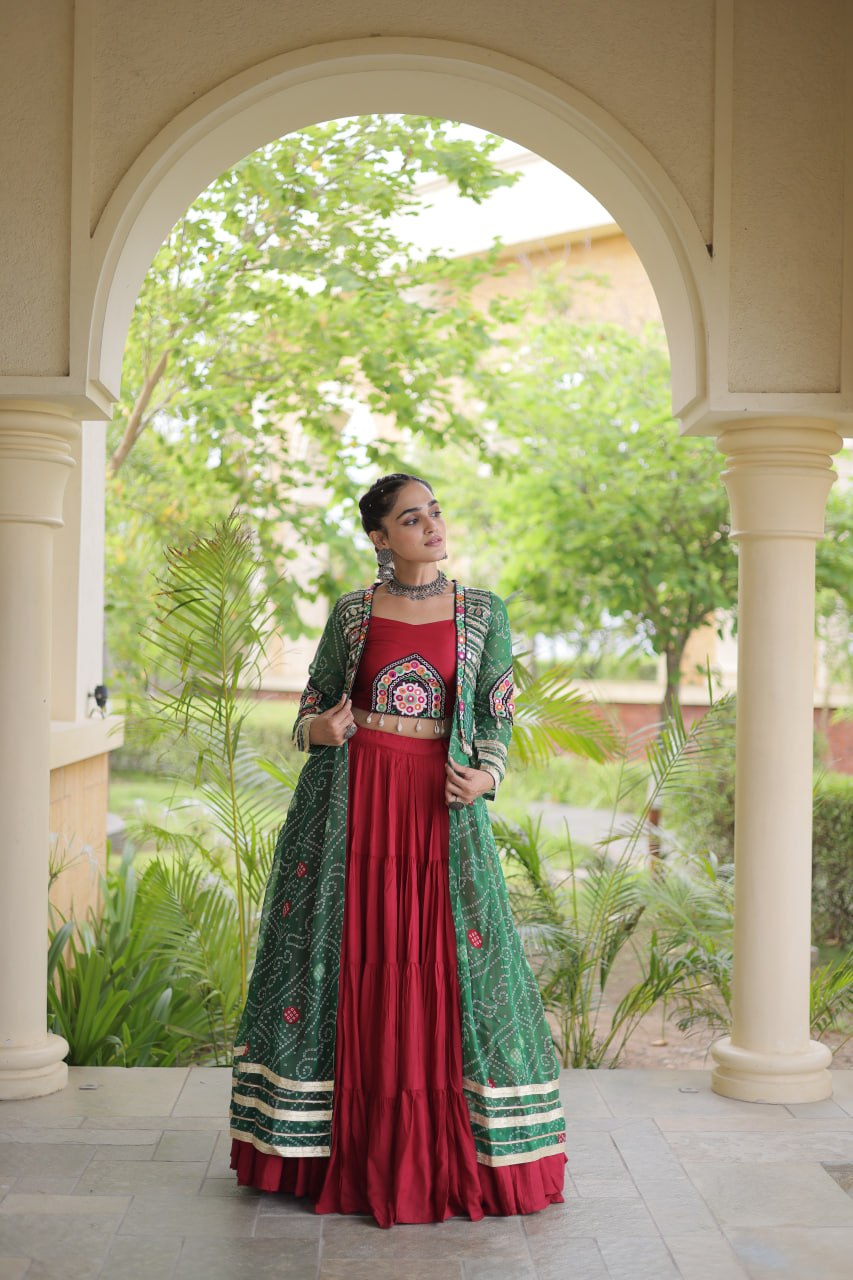 Navratri Special Rayon Lehenga Choli with Bandhani Shrug