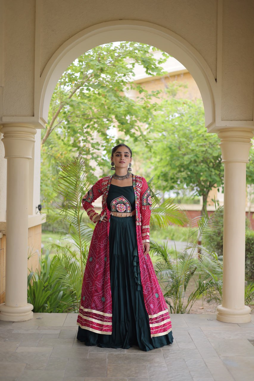 Navratri Special Rayon Lehenga Choli with Bandhani Shrug